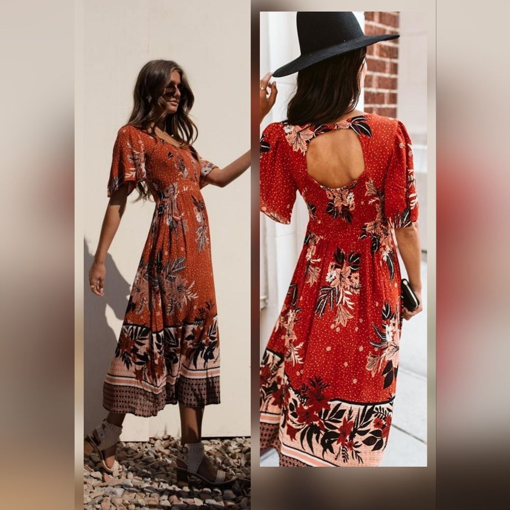 Böhme Jade Maxi Dress Orange Floral Bohemian Gypsy Southwestern Vacation Small